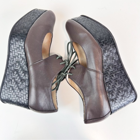 All Black Footwear Platform Lace up Mary Janes Brown Woven Embossed Size 38 - Picture 7 of 13
